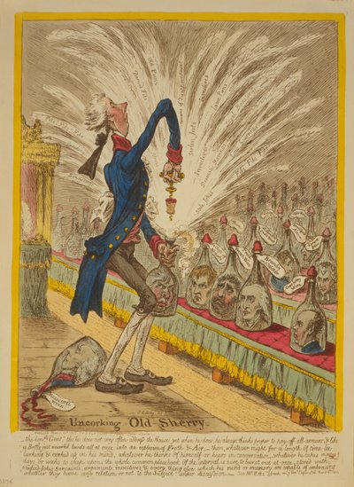 Ontkurken van oude Sherry, 1805 door James Gillray